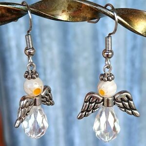 Hand Crafted Clear TRANSPARENT Angel Earrings Silver Yellow Sunburst Glass Bead